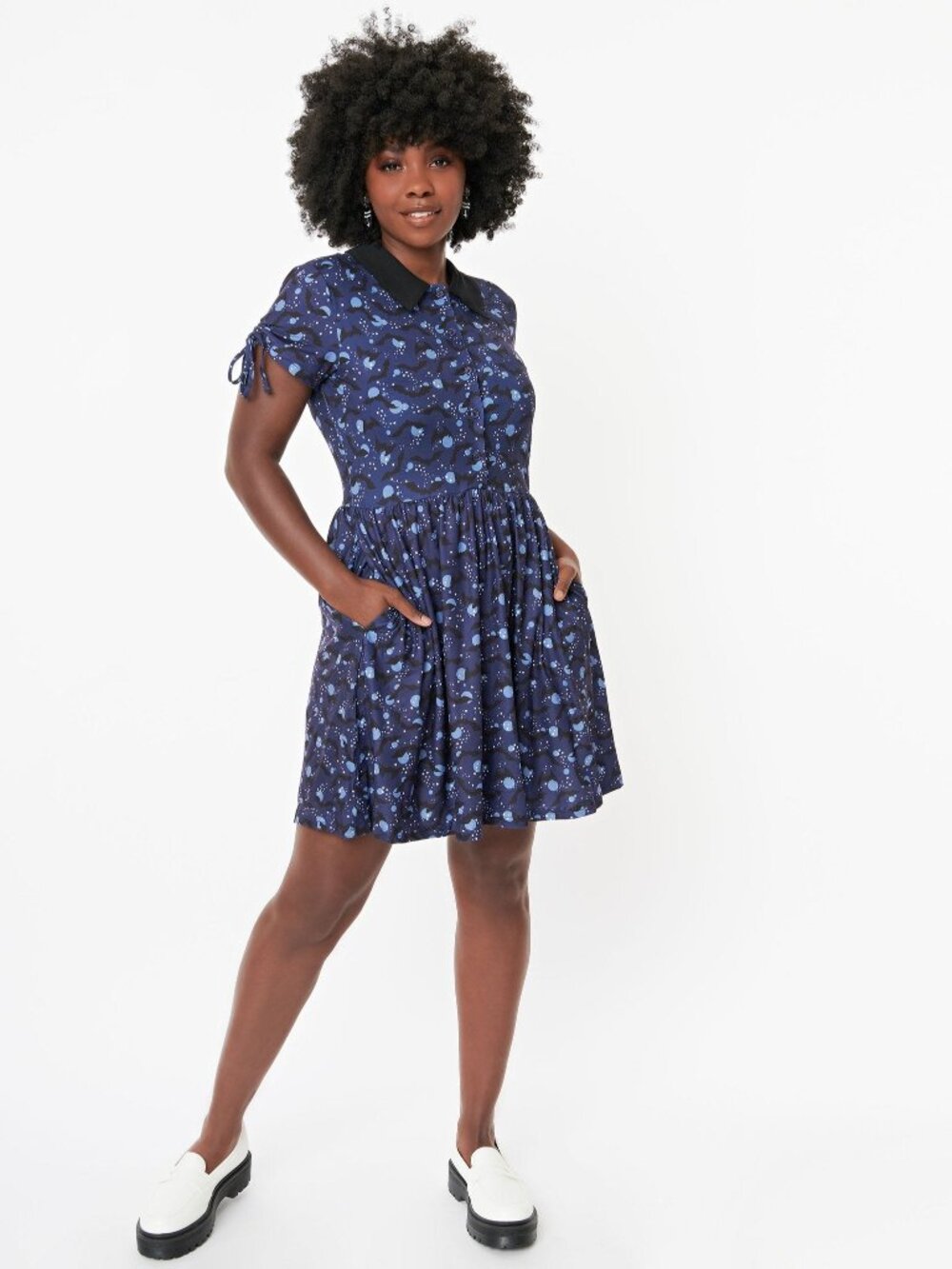 Unique Vintage Soft Jersey Blue Button-Up Bats Dress, Size Small